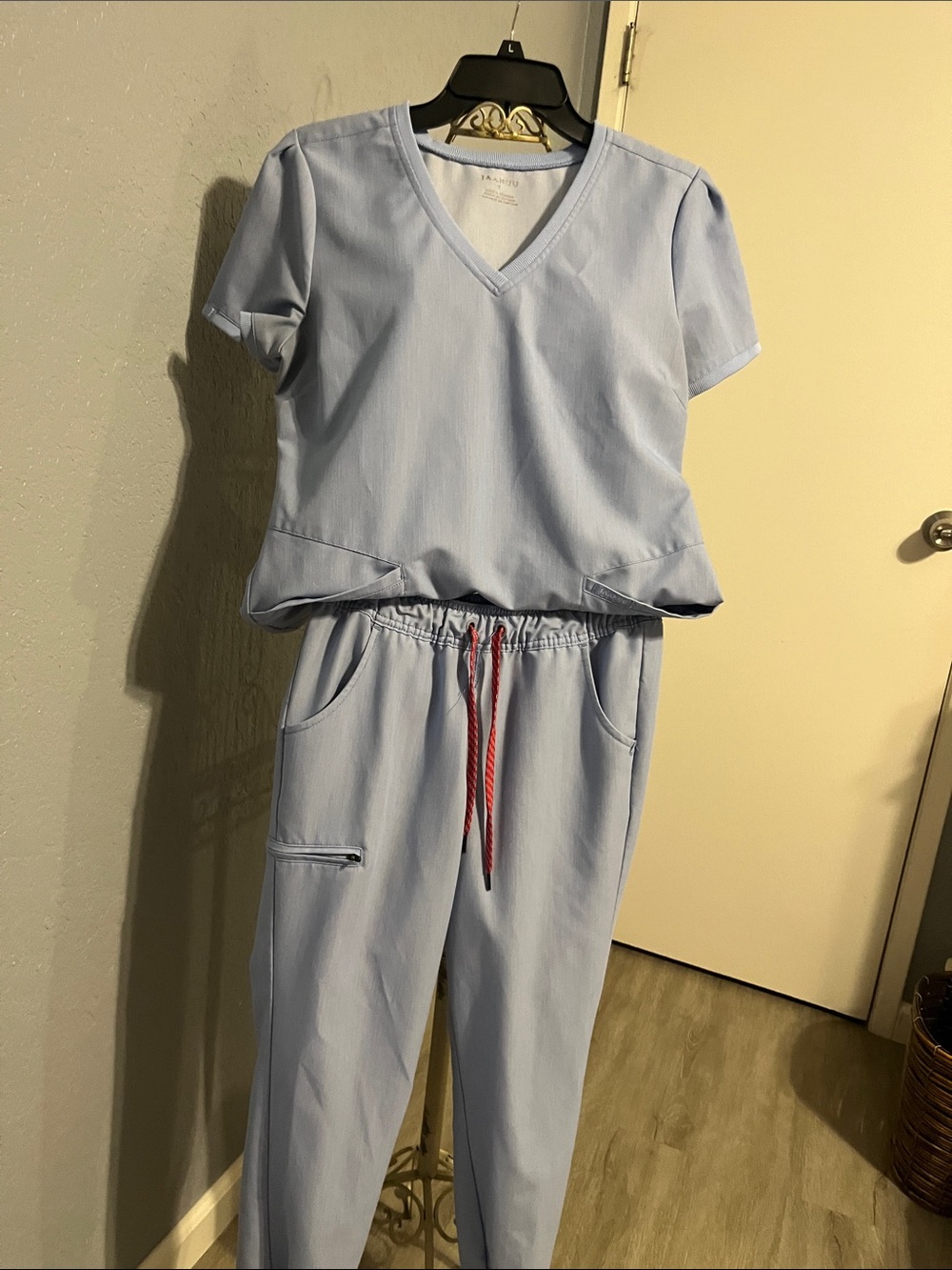 Jaanuu Light Blue Scrub Jogger Set with Contrast Drawstring